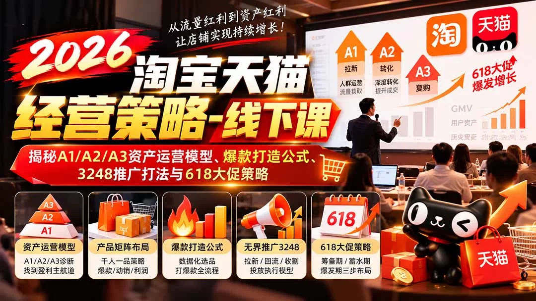 （20912期）2026淘宝天猫经营策略-线下课：揭秘A1/A2/A3资产运营模型、爆款打造公式、3248推广打法与618大促策略-小二项目网