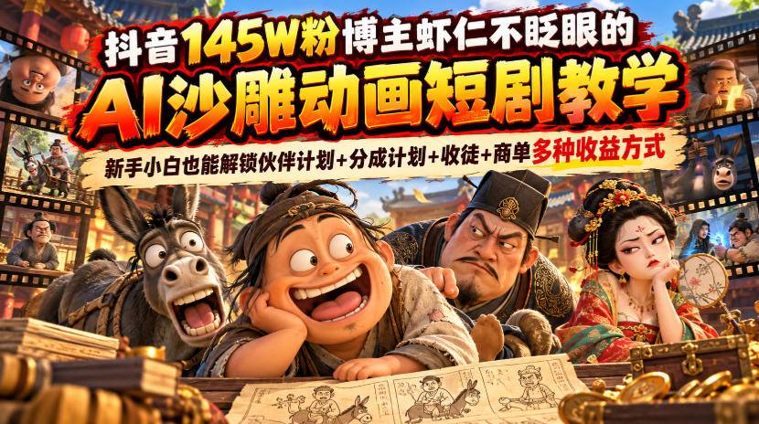 抖音145W粉博主虾仁不眨眼的AI沙雕动画短剧教学，新手小白也能解锁伙伴计划+分成计划+收徒+商单多种收益方式-小二项目网