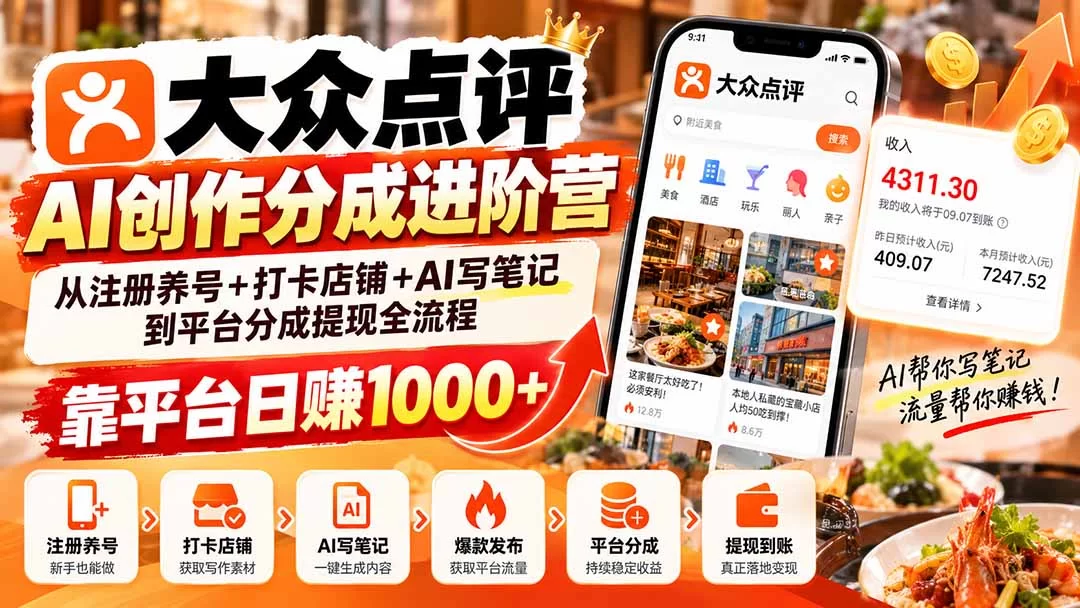 （20759期）大众点评AI创作分成进阶营：从注册养号+打卡店铺+AI写笔记到平台分成提现全流程，靠平台日赚1000+-小二项目网