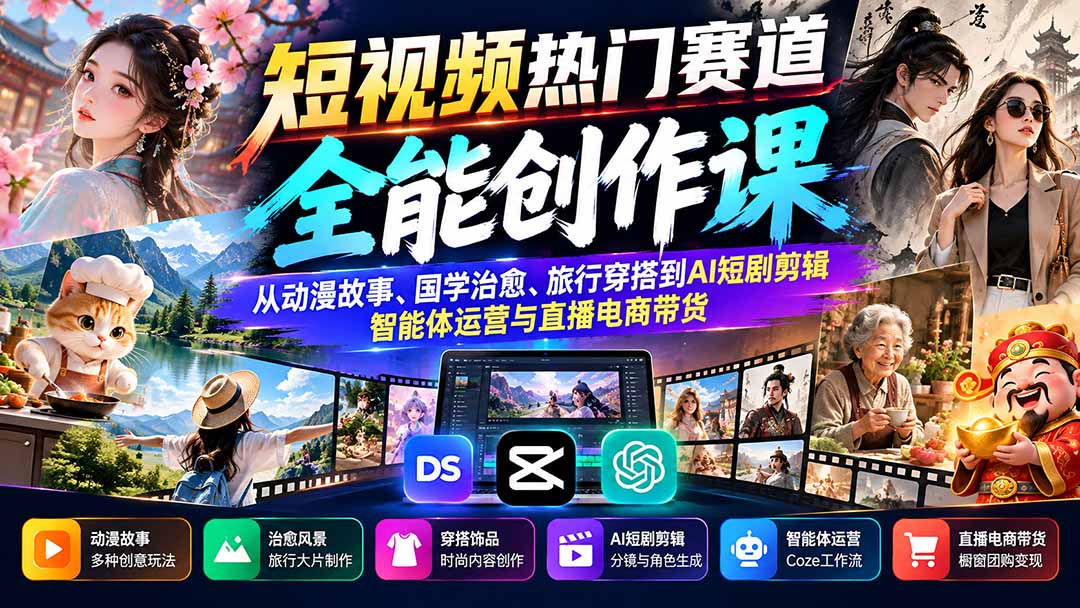 （20956期）短视频热门赛道全能创作课：从动漫故事、国学治愈、旅行穿搭到AI短剧剪辑、智能体运营与直播电商带货-小二项目网