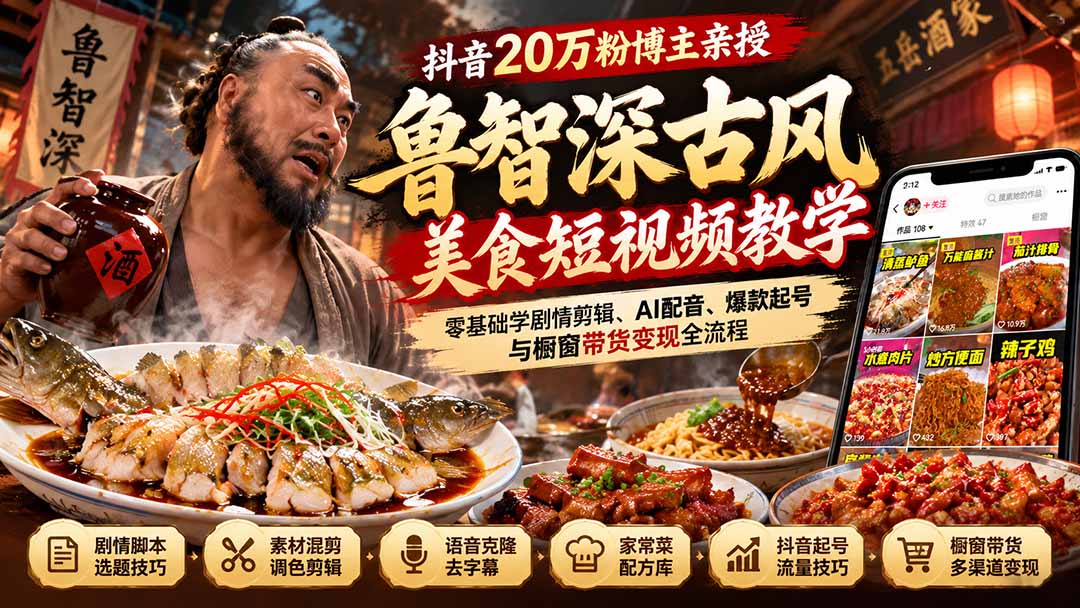 （21285期）抖音20万粉博主亲授鲁智深古风美食玩法：零基础学剧情剪辑、AI配音、爆款起号与橱窗带货变现全流程-小二项目网