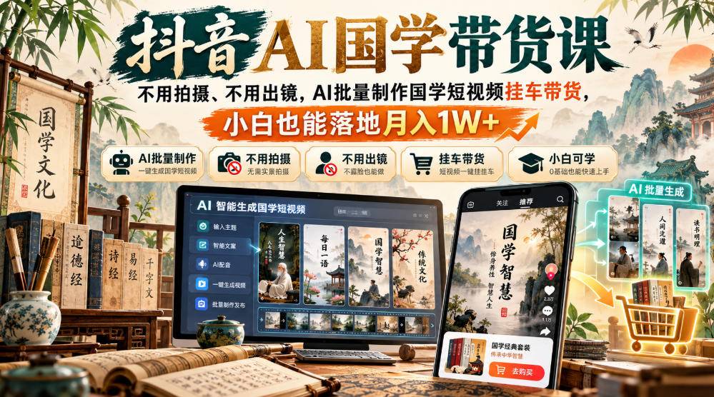 抖音AI国学带货课，不用拍摄、不用出镜，AI批量制作国学短视频挂车带货，小白也能落地月入1W+-小二项目网