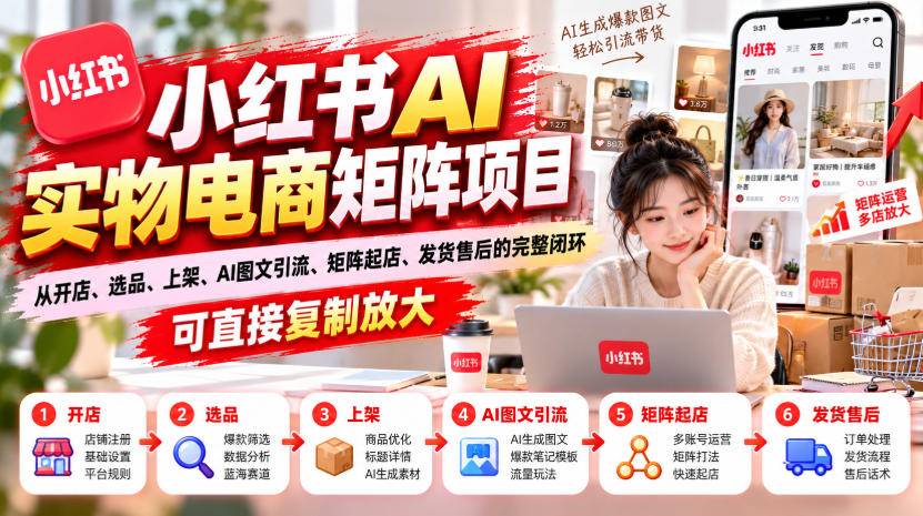 小红书AI实物电商矩阵项目，从开店、选品、上架、AI图文引流、矩阵起店、发货售后的完整闭环，可直接复制放大-小二项目网
