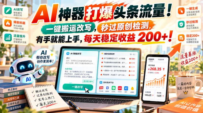 AI神器打爆头条流量，一键搬运改写，秒过原创检测，有手就能上手，每天稳定收益200+！【揭秘】-小二项目网