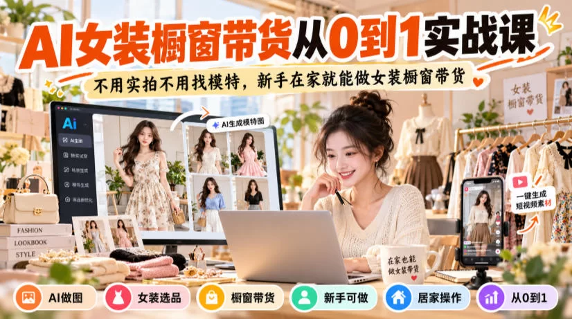 AI女装橱窗带货从0到1实战课，不用实拍不用找模特，新手在家就能做女装橱窗带货-小二项目网