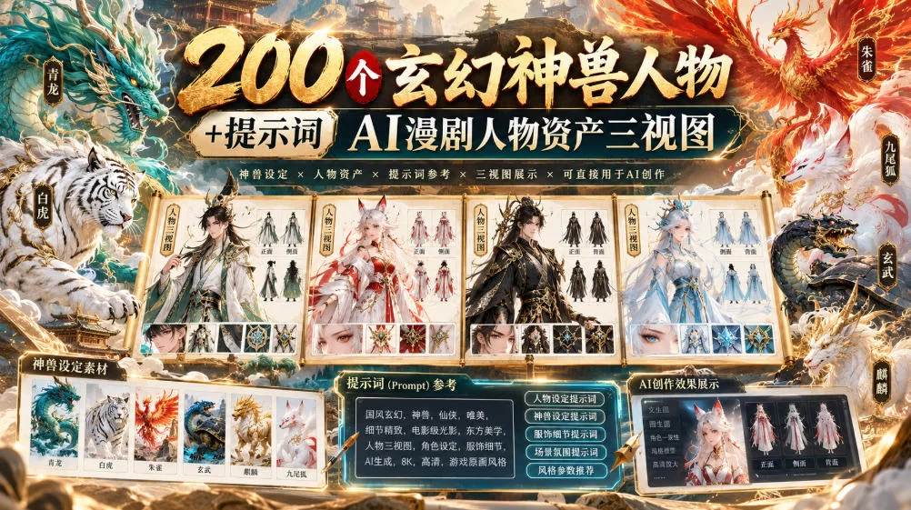 200个玄幻神兽人物+提示词ai漫剧人物资产三视图-小二项目网