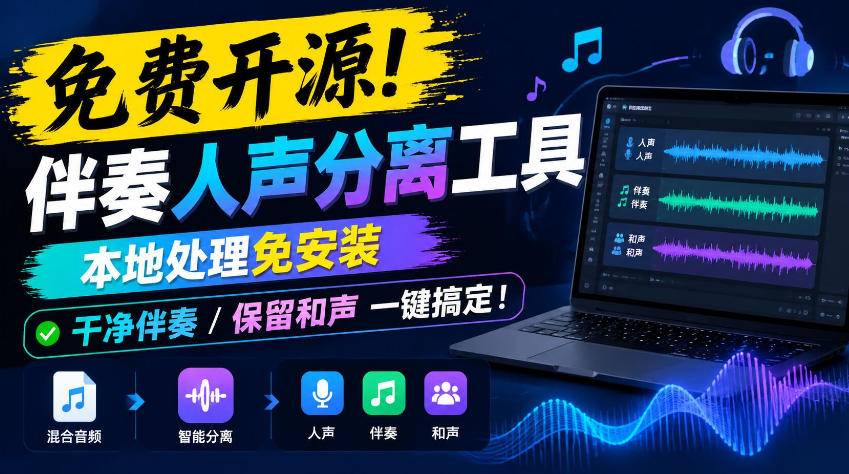免费开源！伴奏人声分离工具，本地处理免安装，干净伴奏，保留和声一键搞定！-小二项目网