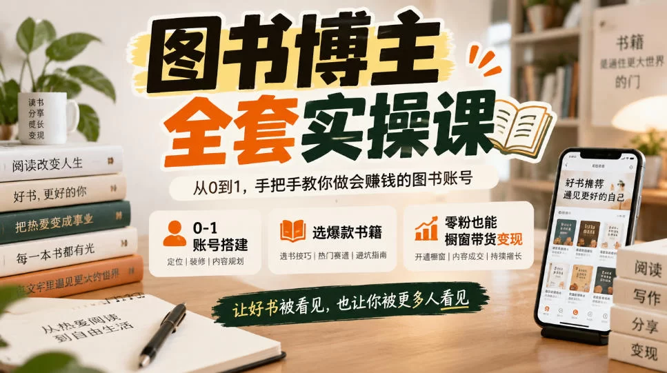 图书博主全套实操课，0‑1账号搭建，选爆款书籍，零粉也能橱窗带货变现-小二项目网