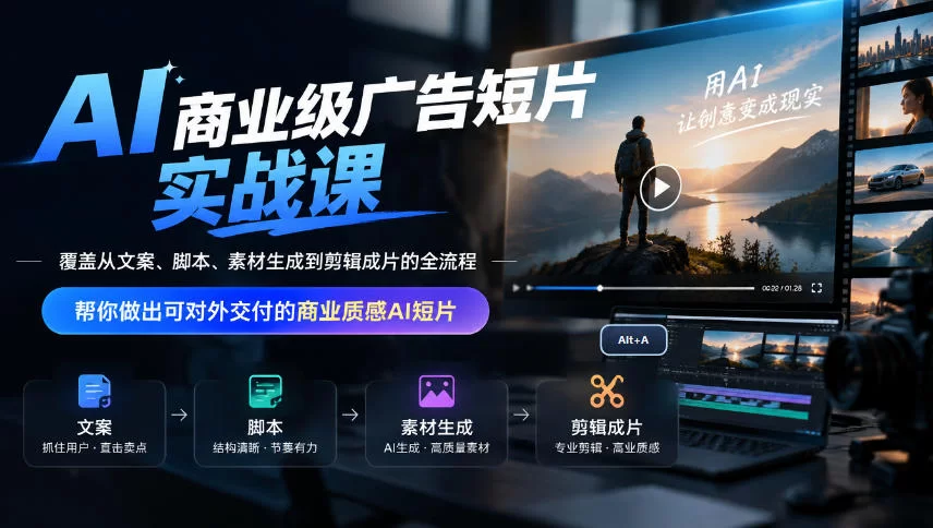 AI商业级广告短片实战课，覆盖从文案、脚本、素材生成到剪辑成片的全流程，帮你做出可对外交付的商业质感AI短片-小二项目网