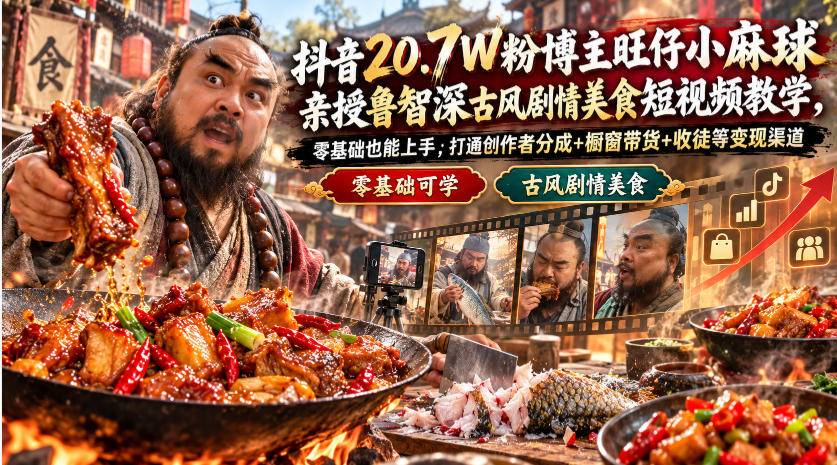 抖音20.7W粉博主旺仔小麻球亲授鲁智深古风剧情美食短视频教学，零基础也能上手，打通创作者分成+橱窗带货+收徒等变现渠道-小二项目网