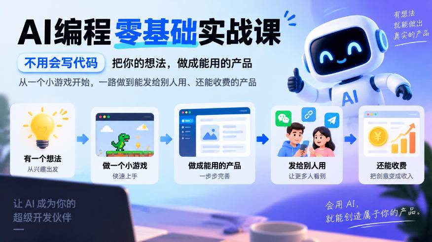 AI编程零基础实战课，不用会写代码，把你的想法，做成能用的产品，从一个小游戏开始，一路做到能发给别人用、还能收费的产品-小二项目网