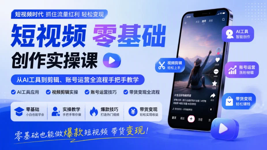短视频零基础创作实操课，从AI工具到剪辑、账号运营全流程手把手教学，零基础也能做爆款短视频带货变现-小二项目网