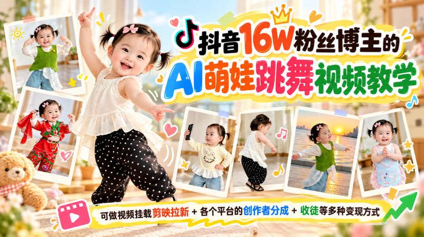 抖音16W粉丝博主的AI萌娃跳舞视频教学，可做视频挂载剪映拉新+各个平台的创作者分成+收徒等多种变现方式，单月1W+-小二项目网
