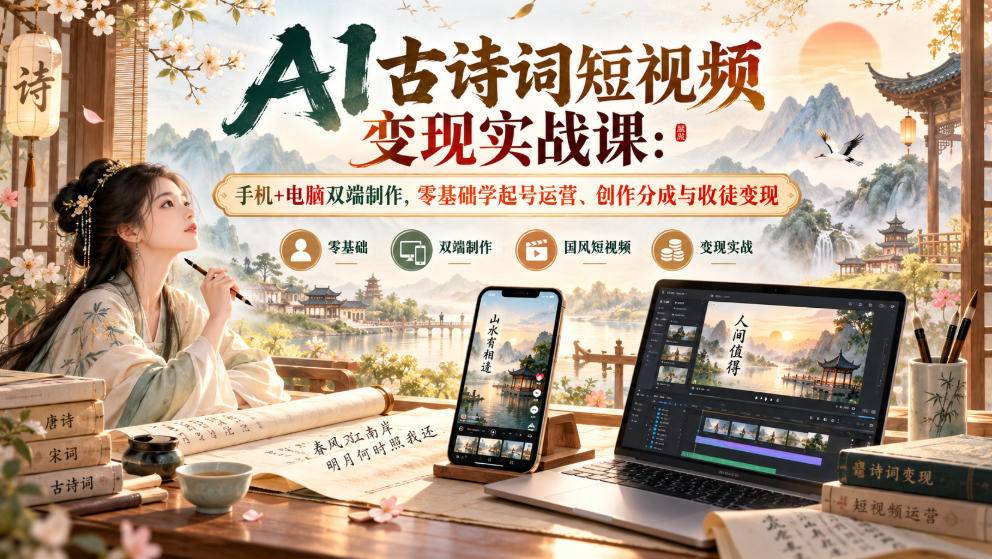 AI古诗词短视频变现实战课：手机+电脑双端制作，零基础学起号运营、创作分成与收徒变现-小二项目网