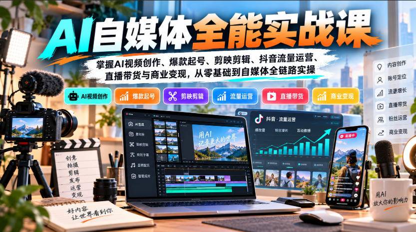 【无水印】AI自媒体全能实战课，掌握AI视频创作、爆款起号、剪映剪辑、抖音流量运营、直播带货与商业变现，从零基础到自媒体全链路实操-小二项目网