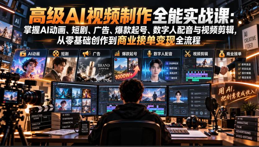 高级AI视频制作全能实战课：掌握AI动画、短剧、广告、爆款起号、数字人配音与视频剪辑，从零基础创作到商业接单变现全流程-小二项目网