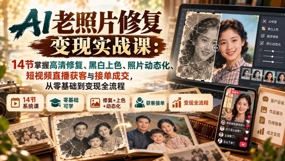 AI老照片修复变现实战课：14节掌握高清修复、黑白上色、照片动态化、短视频直播获客与接单成交，从零基础到变现全流程-小二项目网