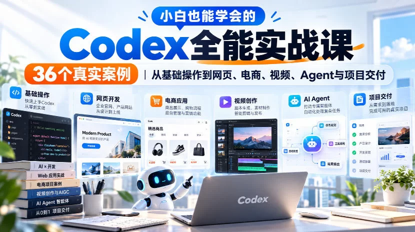 小白也能学会的Codex全能实战课｜36个真实案例，从基础操作到网页、电商、视频、Agent与项目交付-小二项目网