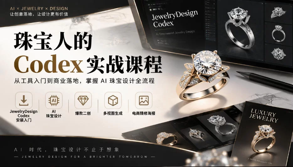 珠宝人的Codex实战课程｜JewelryDesign Codex安装入门、AI珠宝设计、爆款二创、多视图生成、电商精修海报全链路教学-小二项目网