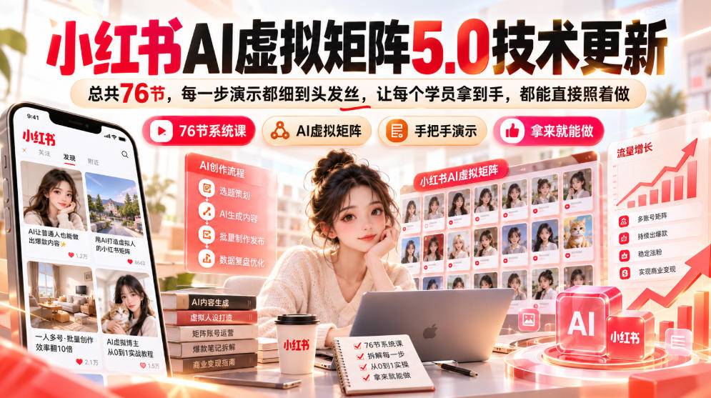 小红书AI虚拟矩阵5.0技术更新，总共76节，每一步演示都细到头发丝，让每个学员拿到手，都能直接照着做-小二项目网