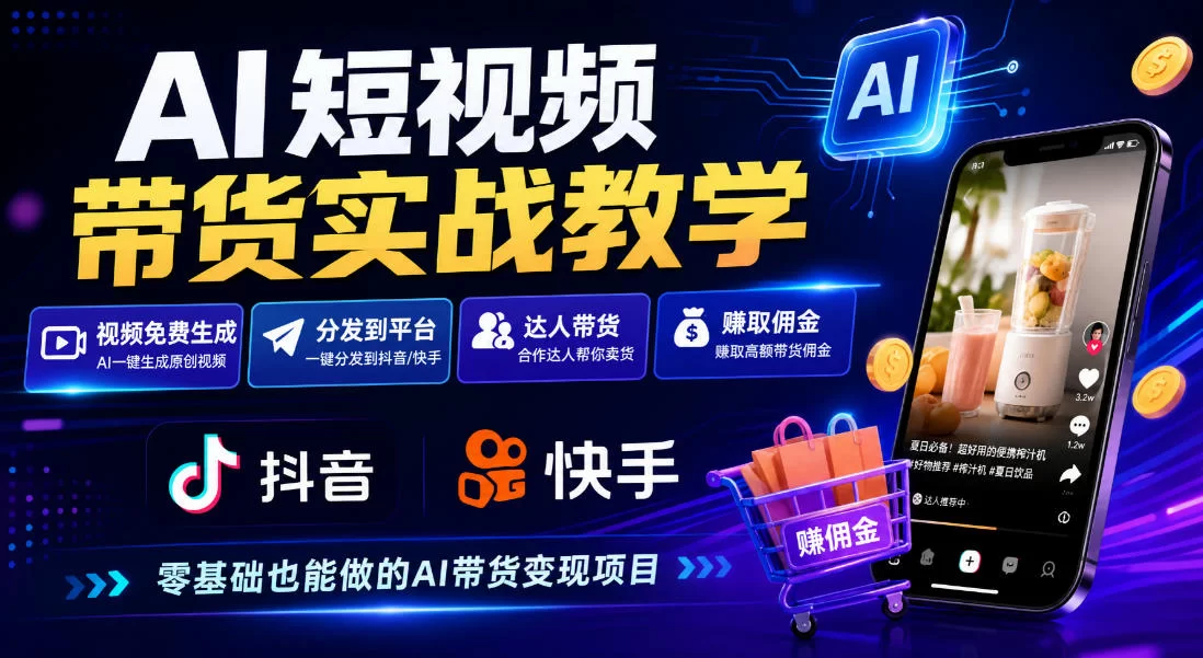 AI短视频带货实战教学，视频免费生成，分发到抖音快手平台，达人带货賺佣金-小二项目网