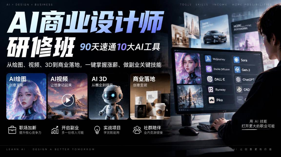 AI商业设计师研修班，90天速通10大AI工具，从绘图、视频、3D到商业落地，一键掌握涨薪、做副业关键技能-小二项目网