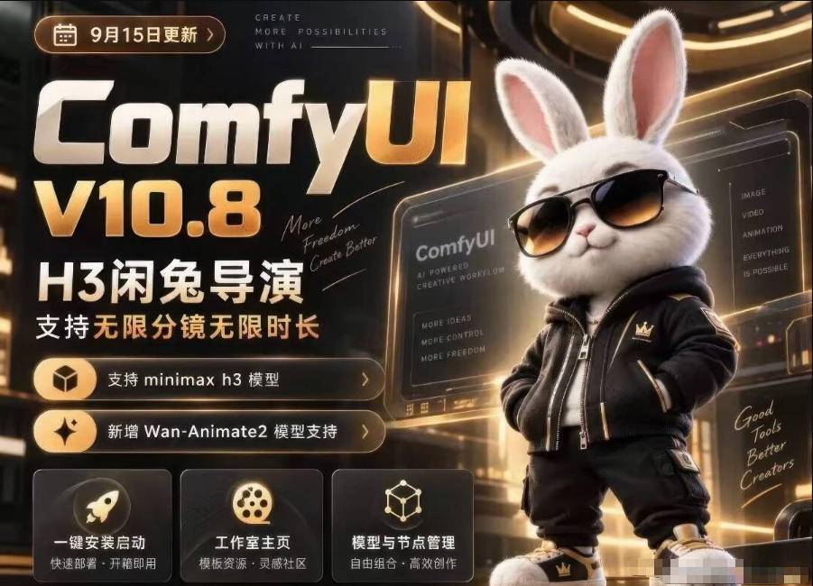 ComfyUI V10.8中文整合包，H3闲兔导演，支持无限分镜无限时长，1000+工作流，动作迁移，角色替换，视频一致性，口型同步，低显存可用-小二项目网