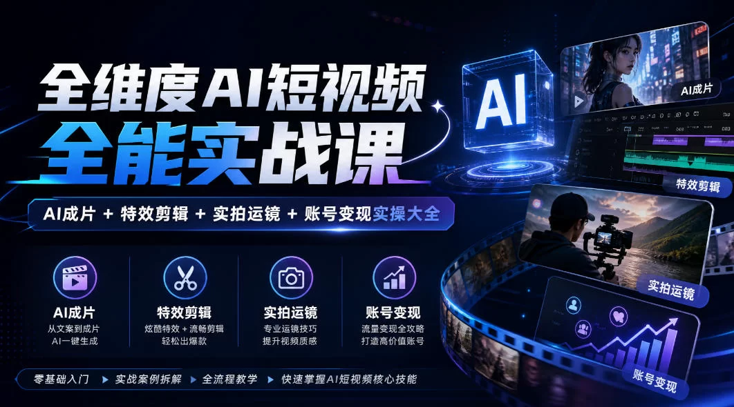 全维度AI短视频全能实战课，AI成片+特效剪辑+实拍运镜+账号变现实操大全-小二项目网