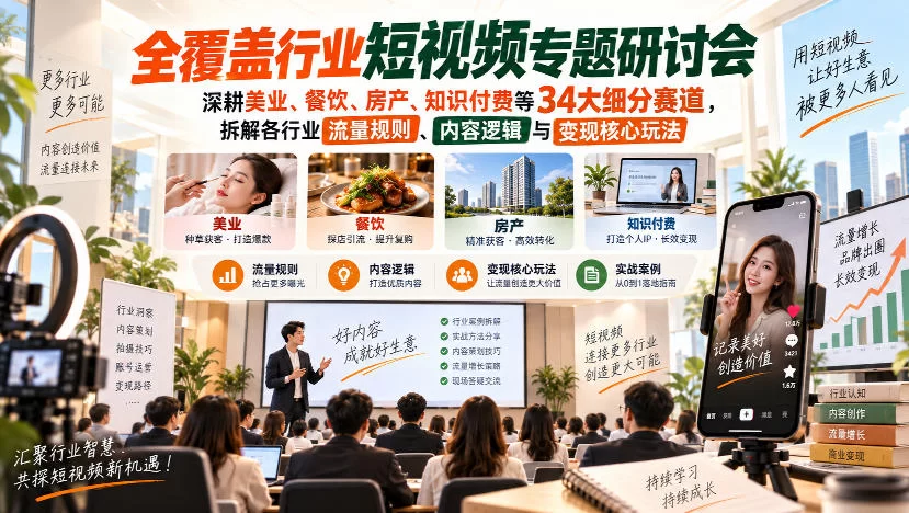 短视频专题研讨会，深耕美业、餐饮、房产、知识付费等34大细分赛道，拆解各行业流量规则、内容逻辑与变现核心玩法（更新1011）-小二项目网