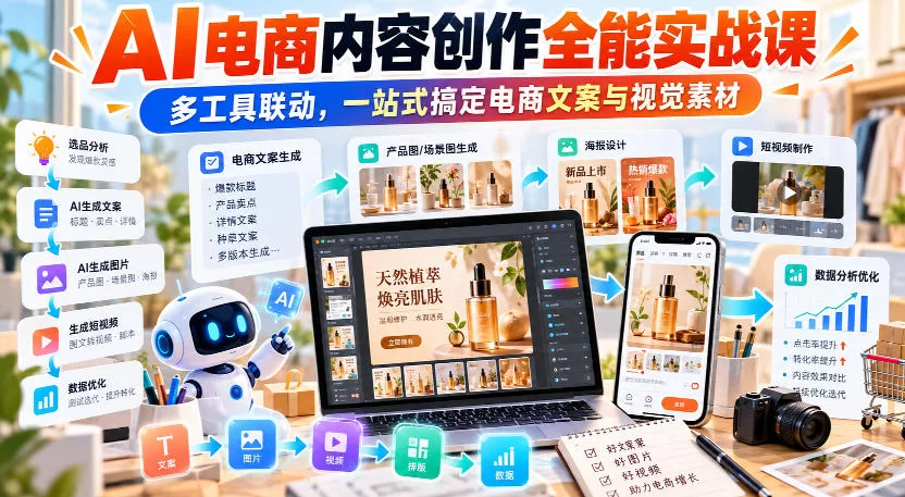 【无水印】AI电商内容创作全能实战课｜多工具联动，一站式搞定电商文案与视觉素材-小二项目网