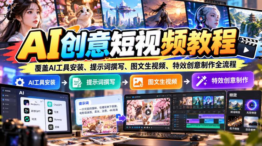 AI创意短视频教程，覆盖AI工具安装、提示词撰写、图文生视频、特效创意制作全流程-小二项目网