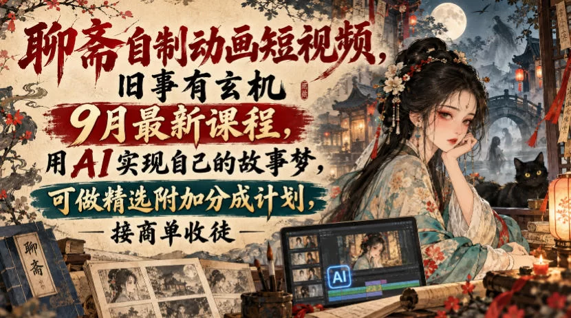 聊斋自制动画短视频，旧事有玄机9月最新课程，用AI实现自己的故事梦，可做精选附加分成计划，接商单收徒-小二项目网