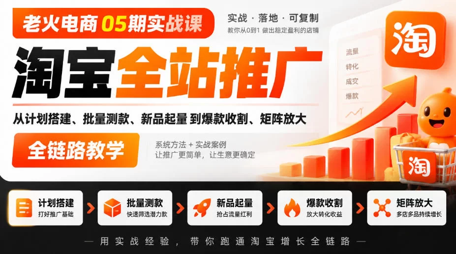 老火电商05期实战课｜淘宝全站推广从计划搭建、批量测款、新品起量到爆款收割、矩阵放大全链路教学-小二项目网