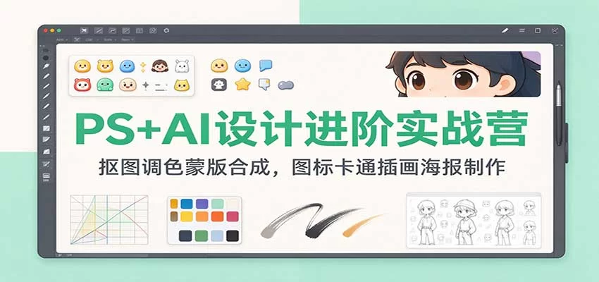 PS+AI设计进阶实战营：抠图调色蒙版合成，图标卡通插画海报制作-小二项目网