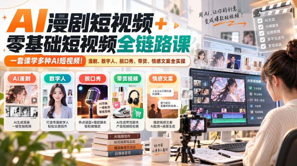 AI漫剧短视频+零基础短视频全链路课，一套课学多种AI短视频！漫剧、数字人、脱口秀、带货、情感文案全实操-小二项目网