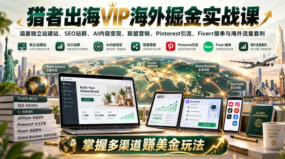 猎者出海VIP海外掘金实战课：涵盖独立站、SEO站群、AI变现、联盟营销、Pinterest引流、Fiverr接单与海外流量套利，掌握多渠道賺美金玩法-小二项目网