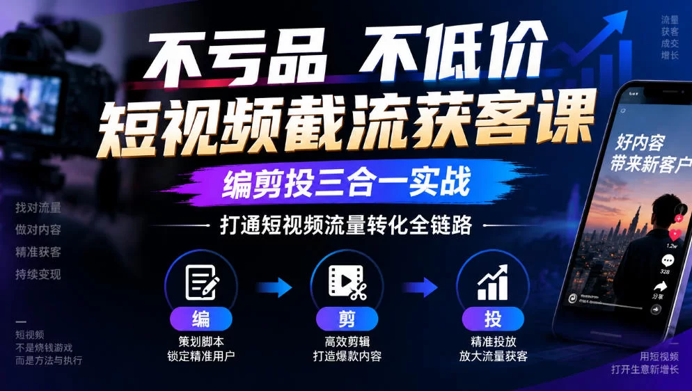 不亏品不低价短视频截流获客课，编剪投三合一实战，打通短视频流量转化全链路-小二项目网