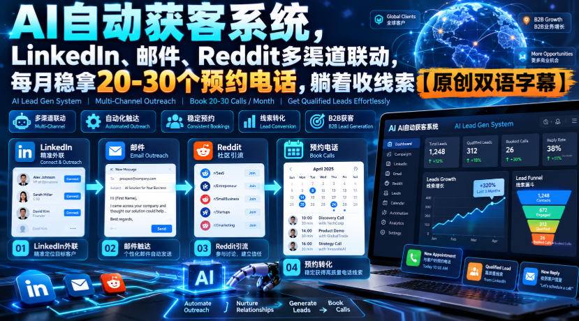 【无水印】AI自动获客系统，LinkedIn、邮件、Reddit多渠道联动，每月稳拿20-30个预约电话，躺着收线索【原创双语字幕】-小二项目网