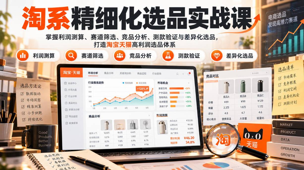 淘系精细化选品实战课：掌握利润测算、赛道筛选、竞品分析、测款验证与差异化选品，打造淘宝天猫高利润选品体系-小二项目网