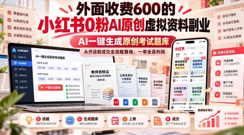 外面收费600的小红书0粉AI原创虚拟资料副业，AI一键生成原创考试题库，从开店到成交全流程落地，一单全是利润-小二项目网