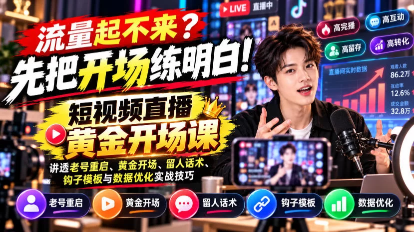 【无水印】流量起不来？先把开场练明白！短视频直播黄金开场课，讲透老号重启、黄金开场、留人话术、钩子模板与数据优化实战技巧-小二项目网