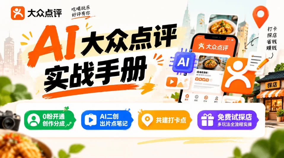 某局的AI大众点评实战手册，0粉开通创作分成、AI二创出片点笔记、共建打卡点、免费试探店多玩法全流程实操-小二项目网