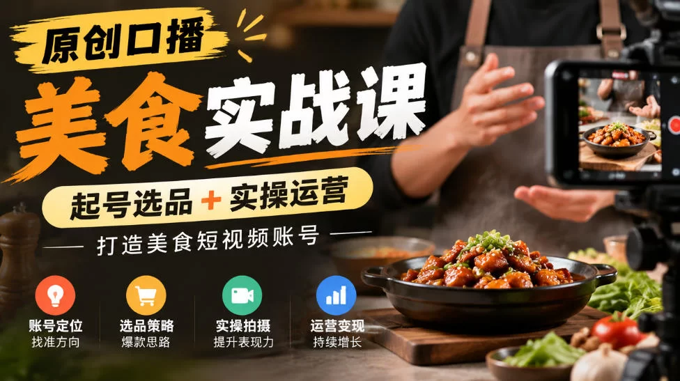 原创口播美食实战课，起号选品+实操运营，打造美食短视频账号-小二项目网