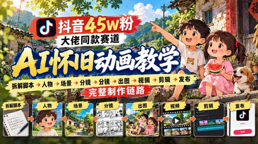 抖音45W粉大佬同款赛道AI怀旧动画实战课：拆解脚本→人物→场景→分镜→出图→视频→剪辑→发布完整制作链路-小二项目网