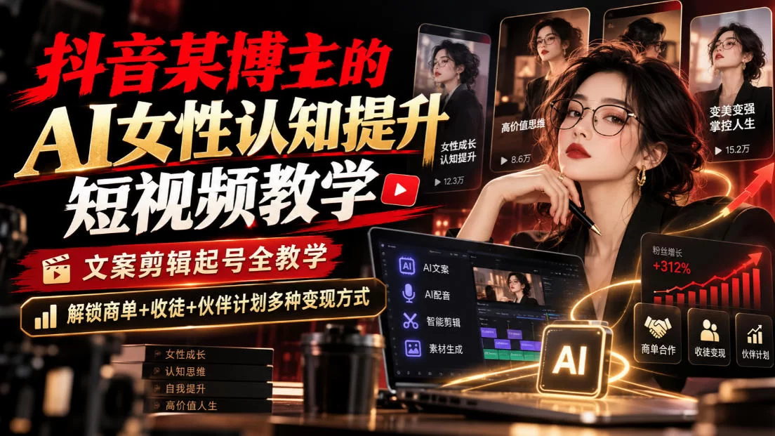 抖音某博主的Ai女性认知提升短视频教学，文案剪辑起号全教学，解锁商单+收徒+伙伴计划多种变现方式-小二项目网