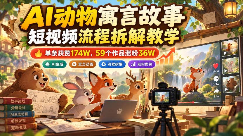 AI动物寓言故事短视频流程拆解教学，单条获赞174W，59个作品涨粉36W-小二项目网