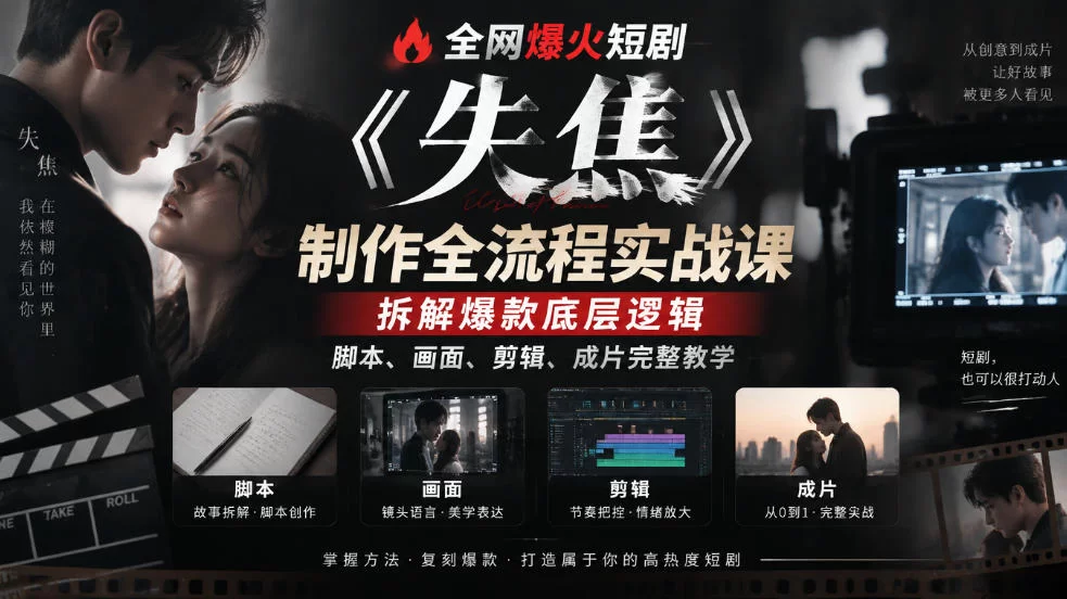 全网爆火短剧《失焦》制作全流程实战课｜拆解爆款底层逻辑，脚本、画面、剪辑、成片完整教学-小二项目网