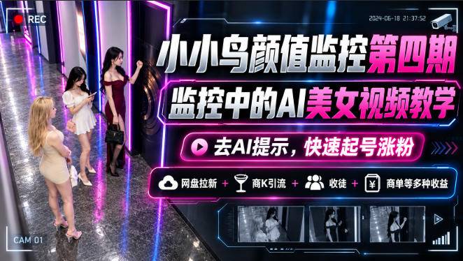 小小鸟颜值监控第四期，监控中的AI美女视频教学，去AI提示，快速起号涨粉，网盘拉新+商K引流+收徒+商单等多种收益-小二项目网