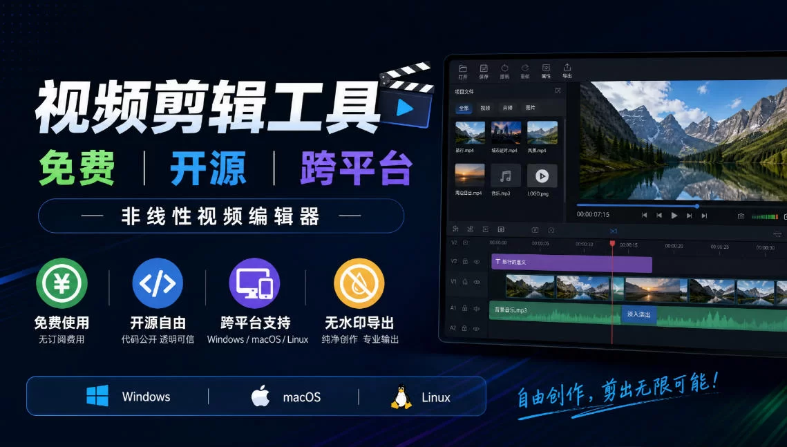 视频剪辑工具，免费、开源、跨平台，非线性视频编辑器，支持Windows、macOS、Linux，无水印、无订阅费用-小二项目网
