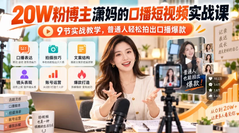 20W粉博主潇妈的口播短视频实战课，9节实战教学，普通人轻松拍出口播爆款-小二项目网